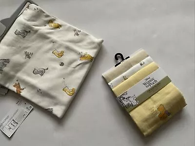 M&S Disney Baby Winnie The Pooh  Cotton Muslin Cloths - 3 Pack 58x58cm & Blanket • £10