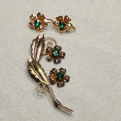 VTG Van Dell Sterling 1/20th 12K Gold Fill & Green Rhinestone Brooch & Earrings • $38.99