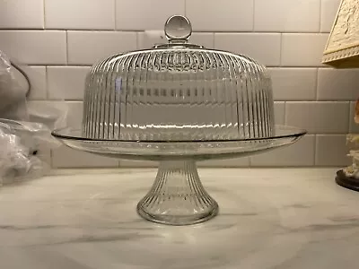 Anchor Hocking VTG 2 Pc Glass Crystal Footed Ribbed Cake Plate Dome Stand Mint • $29.99