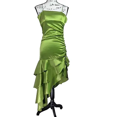 Vtg Blondie Nites Satin Mermaid Formal Dress Size 3 Green Asymmetrical Ruffle • $47.60