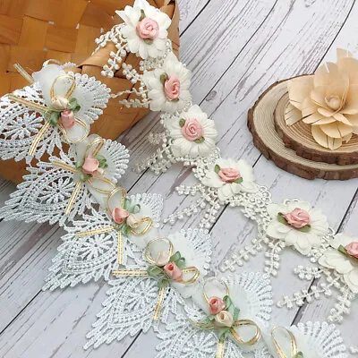 1 Yard Rose Flower Embroidered Trims Lace Ribbon Fabric DIY Wedding Dress Sewing • £3.67