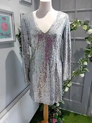 £9.99 • Buy Lovely ❤️Jane Norman Silver Sequin Mini Evening Party Dress Size 14 Club