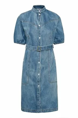 Gestuz Dress Denim Knee Length Mandarin Collar Belted Stud Closure Size 6 (34 ) • £29