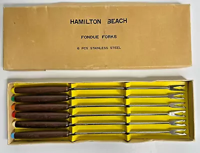 VTG Hamilton Beach Color Tip Wooden Handle Fondue Forks 6 Pc Stainless Steel • $8.84