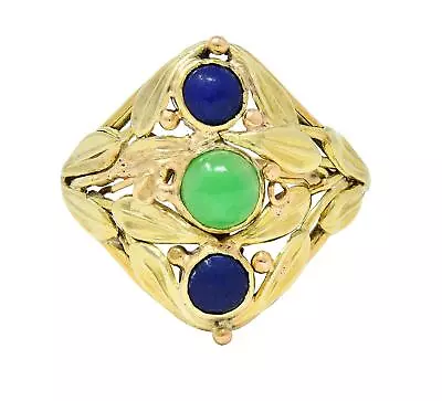 Arts & Crafts Jade Lapis Lazuli 14 Karat Two-Tone Gold Foliate Navette Ring • $1400