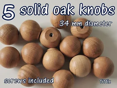 5  Wooden Knobs Handle Kitchen Door Drawer  Solid Oak Wood 34 Mm Diameter Round • £9.19