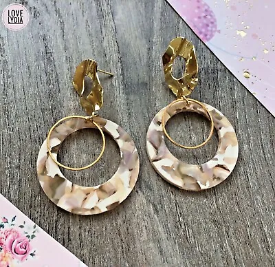 NEW Gold Colour Retro Vintage Style 60s Beige Pink Cream Resin Circle Earrings • £12.99