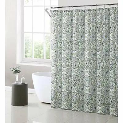 Fabric Shower Curtain Sage Gray Blue White Medallion Design 12pc Roller Hook Set • $12.99