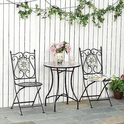 3 Pcs Mosaic Tile Garden Bistro Set Outdoor Seating W/ Table 2 Folding Chairs • £124.99