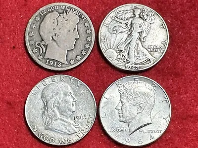 Silver Half Dollars 4 Coin Lot Walking Liberty/ Franklin /Barber/Kennedy (b) • $65