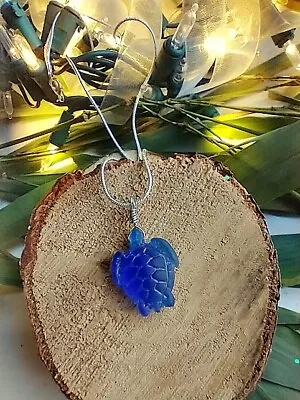 Engraved Cobalt Blue Sea Turtle Sea Glass Pendant Snake Chain Necklace • $10.99