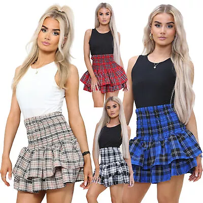 £11.99 • Buy Ladies Womens Frill Mini Short Rara Skirt Check Dogtooth Gathering Tutu