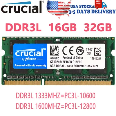 Crucial DDR3L 16GB 32GB 1333MHZ 1600MHZ Memory SO-DIMM Laptop RAM Notebook RAM • $44.85