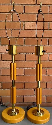 Pair Vintage Wood Brass Table Lamps MCM Mid Century Modern Lighting 70s • $250