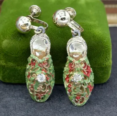 Vintage Silver Dangle Asian Green Red Slipper Shoes Earrings • $29.95