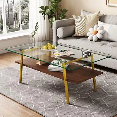 Coffee Table Tempered Glass Top Gold Metal Leg Modern Living Room Transparent • $125