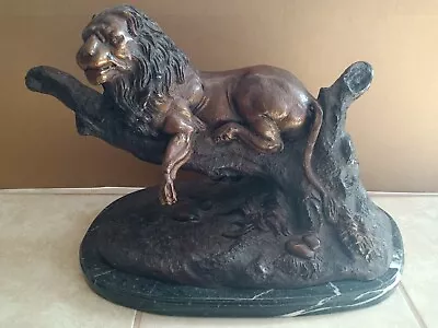 Jules Moigniez Original Bronze Lion Resting In Tree Sculpture W/ Marble Base • $1250