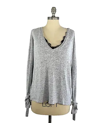 Vero Moda Womens Sz L Top Pullover Sweater Lace Trim V-Neck Gray Black Soft Knit • $8.46