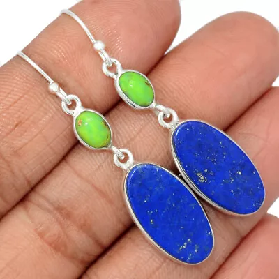 Natural Lapis Lazuli & Green Mohave Tq. 925 Silver Earrings Jewelry CE18340 • $14.99