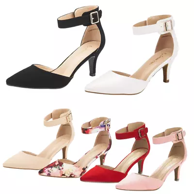 Women Ankle Strap Pointed Toe Low Stilettos Heel Wedding Party Dress Pump Shoes • $25.99