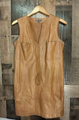 Vince Leather Camel Brown Sleeveless Pocket Front Mini Dress Size 4 • $70