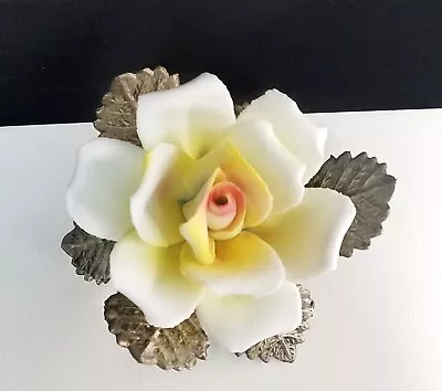 Vintage Capodimonte Figurine Rose Flower Yellow Made In Italy Silver Stem Leaves • $15.60