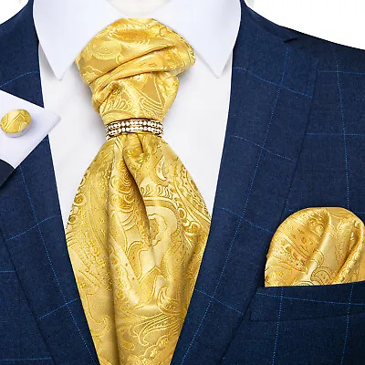 Mens Silk Ascot Cravat Tie Yellow Paisley Hanky Cufflinks Ring Set Wedding Party • $7.59