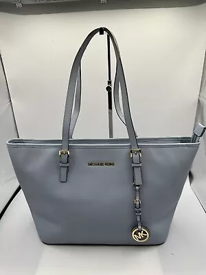 Michael Kors Jet Baby Blue Saffiano Leather Zipper Top Shoulder Tote Handbag • $39.99