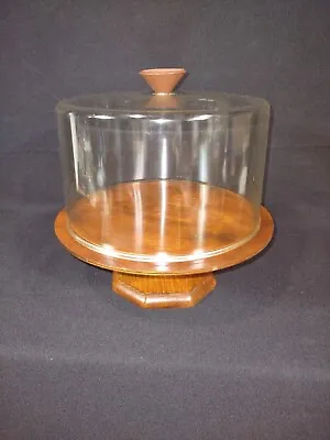 Vintage Mid Century Wood Cake Stand With Dome Lid - Cupcake Serving Plate • $30