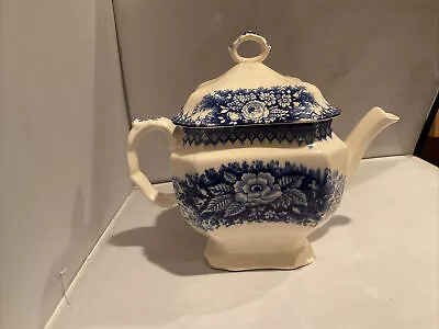 Antique Old Waller Blue Teapot ~ Porcelain Sloe Bodkin Blue Transferware • $49