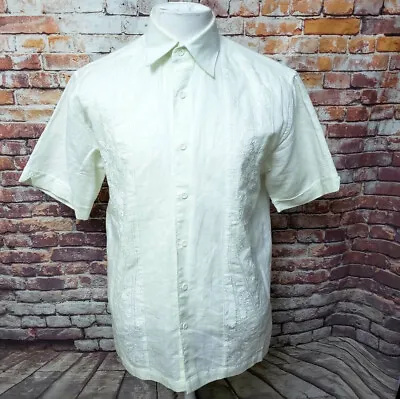 Cubavera Men Size S Ivory Linen & Cotton Embroidered S/S Casual Cuban Shirt • $14.99