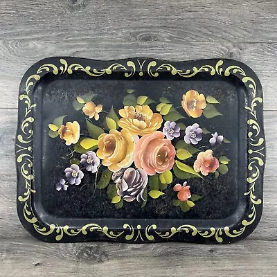 Antique Vintage Handpainted Floral Quaker Made Metal Serving Tray Size 22 X 16 • $23.99