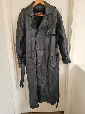 Vtg Long Leather Trench Coat Black Phase 2 Double Breast Zip Liner Size Large • $150