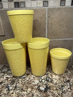 Vintage Lot Of 4 MCM Raffia Ware Plastic Burlap Straw Thermal Cups And Tumblers • $12