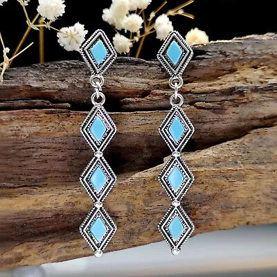 Silver Turquoise Rhombus Tassel Earring-Silver Turquoise Earring • £14