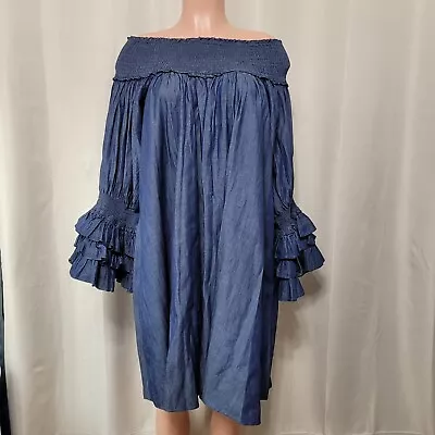 Marc Bouwer Unlimited Off Shoulder Smocked Dress Women's Sz L Ruffle Bell Sleeve • $26.99