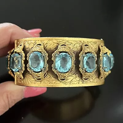 Vintage Victorian Revival Etruscan Blue Glass Stone Floral Hinged Bracelet • $75