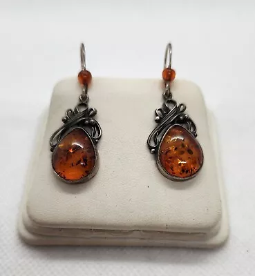 Vintage  925 Silver Baltic Amber With Inclusions Drop Dangle Hook Earrings • $35