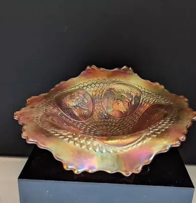 $34 • Buy Vintage Carnival Fenton Marigold Glass Horse Medallion Ruffled Bowl