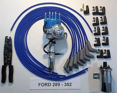 302 289 FORD BLUE Small HEI Distributor + CHROME Coil +UNIVERSAL PLUG WIRES+Tool • $159.95