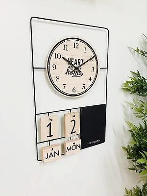 Modern Clock With Date Plaques Black Memo Board Metal & Wood Home Office • £9.90