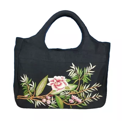 DV DOLCE VITA Black Fabric Tote Handbag Purse With Embroidered Flowers • $15.99
