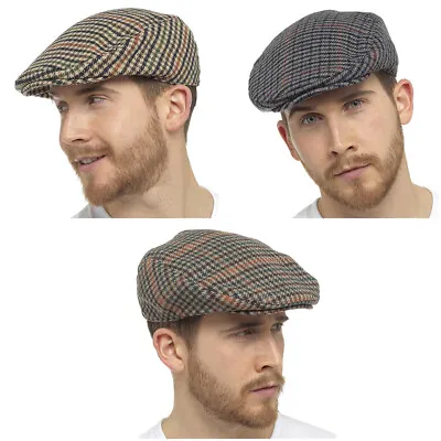 Mens / Ladies Tweed Wool Herringbone Flat Cap Peak Hat With Quilted Lining • £5.85