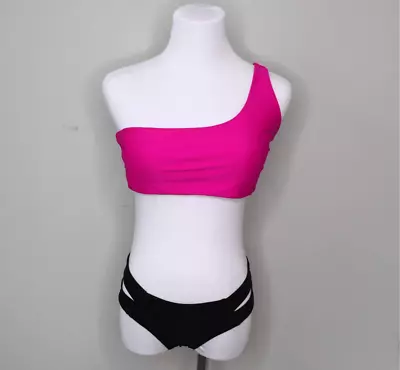 Zaful Pink Black One Shoulder Hi Waist Bottom 2pc Bikini Swimsuit Sz MEDIUM • $12.28