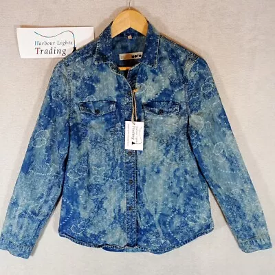 Topshop Moto Denim Shirt Womens Size 10 Blue 100% Cotton Retro Acid Wash Flowers • £17.49