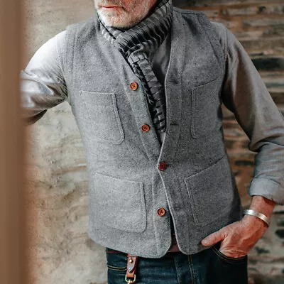 Men's Casual Woolen Gilet Vest Retro Slim Single Breasted Cardigan Waistcoat Top • $29.99