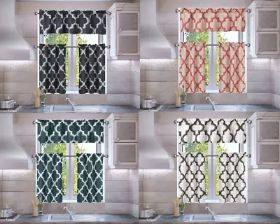 3pc Set Faux Silk Small Kitchen Window Curtain Geometric Printed Lined Blackout  • $8.30