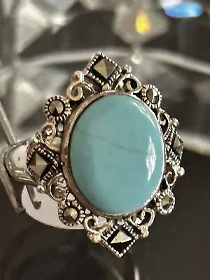 Vintage Silver 925 Real Stones Marcasite Turquoise Ring Size 7 Elegant • $45