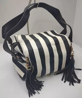 Melie Bianco Handbag 5 Pocket Carry On Overnight Black White Striped Tassel Bag • $19.93