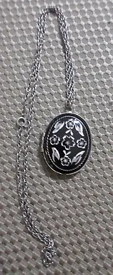 Vintage Locket Oval 1.75  Enamel Floral Black Silver Tone Chain 24  Pendant EUC • $20